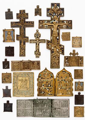 LOT OF 22 RUSSIAN METAL ICONS. 19th c. 
from 6 x 4 cm to 37.5 x 19 cm, total weight: 4.3 kg 