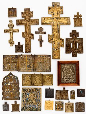 LOT OF 22 RUSSIAN METAL ICONS. 19th c. 
from 5.5 x 4 cm to 35.5 x 18 cm, total weight: 4.35 kg 