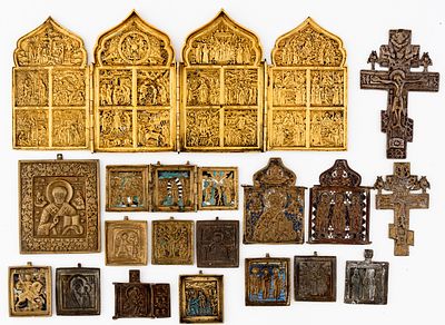 LOT OF 17 RUSSIAN METAL ICONS. 19th c. 
from 5.5 x 5 cm to 17.3 x 40.8 cm, total weight: 2.65 kg 