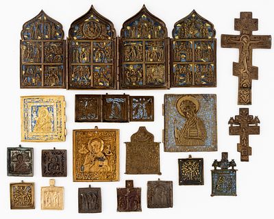 LOT OF 17 RUSSIAN METAL ICONS. 19th c. 
from 5.3 x 5 cm to 17.3 x 40.8 cm, total weight: 2.7 kg 