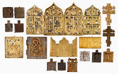 LOT OF 17 RUSSIAN METAL ICONS. 19th c. 
from 6 x 4 cm to 17.8 x 39.8 cm, total weight: 2.73 kg 