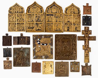 LOT OF 16 RUSSIAN METAL ICONS. 19th c. 
from 5.5 x 4.5 cm to 17.8 x 41 cm, total weight: 3.63 kg 