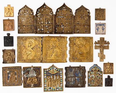 LOT OF 16 RUSSIAN METAL ICONS. 19th c. 
from 6 x 4 cm to 15.8 x 37.4 cm, total weight: 3.53 kg 