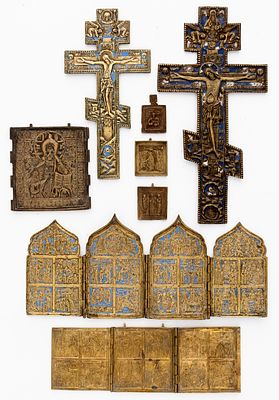 LOT OF 8 RUSSIAN METAL ICONS. 19th c. 
from 6 x 4 cm to 34.8 x 17.5 cm, total weight: 3.44 kg 
