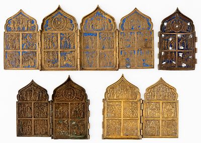 LOT OF 4 RUSSIAN METAL ICONS. 19th c. 
from 16.5 x 10.5 cm to 18 x 41 cm, total weight: 3 kg 