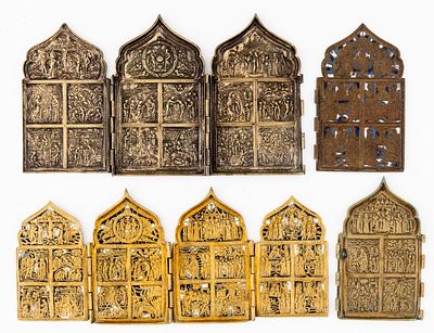 LOT OF 4 RUSSIAN METAL ICONS. 19th c. 
from 16 x 9.5 cm to 18 x 31.5 cm, total weight: 2.25 kg 