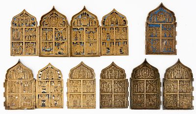 LOT OF 5 RUSSIAN METAL ICONS. 19th c. 
from 18 x 10.5 cm to 18.2 x 42 cm, total weight: 3.8 kg 