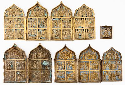 LOT OF 4 RUSSIAN METAL ICONS. 19th c. 
from 6 x 5.5 cm to 18 x 41.5 cm, total weight: 3.4 kg 