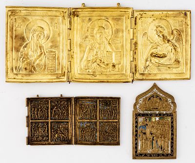 LOT OF 3 RUSSIAN METAL ICONS. 19th c. 
from 16.3 x 9 cm to 16 x 39 cm, total weight: 2.39 kg 