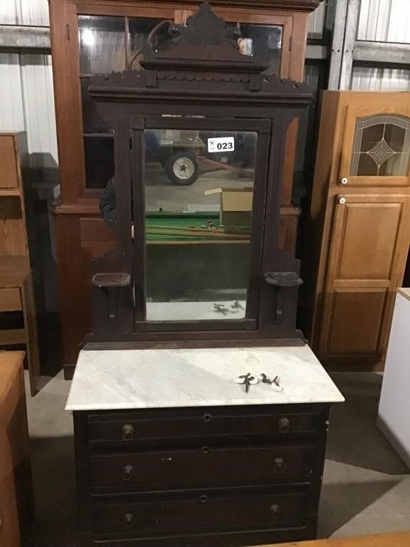 Lot 23: ANTIQUE MARBLE TOP DRESSER W MIRROR