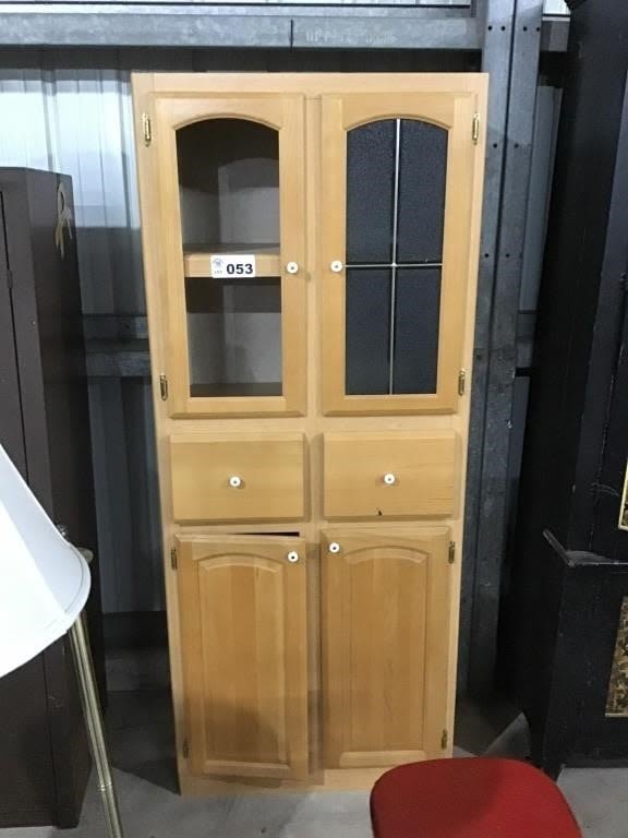 Lot 53: WOOD KITCHEN CABINET ( missing one pc of glass in