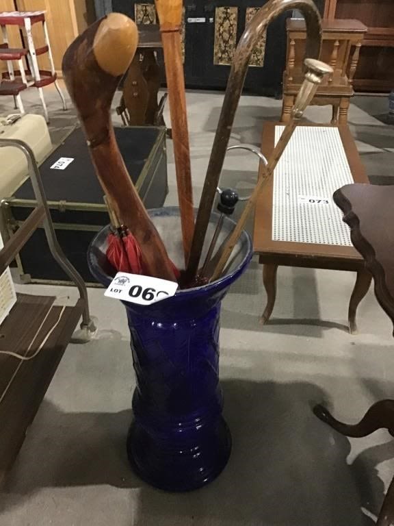 Lot 69: BLUE PEDESTAL, UMBRELLAS, CANES