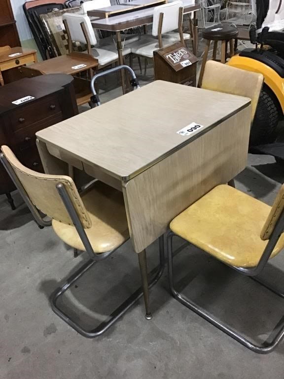 Lot 90: VINTAGE DROP LEAF KITCHEN TABLE W 3 CHAIRS