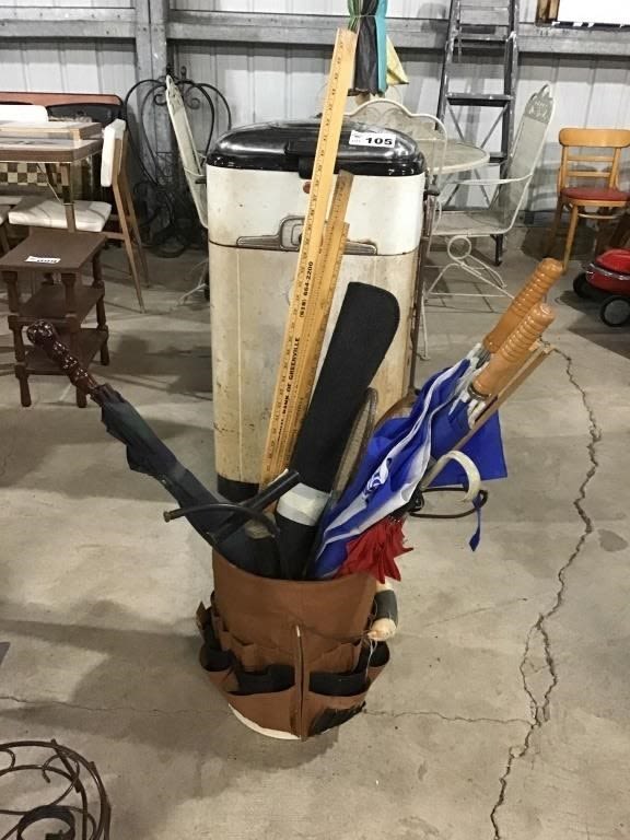 Lot 106: TOOL BUCKET, YARDSTICKS, TIRE PUMP, UMBRELLAS,