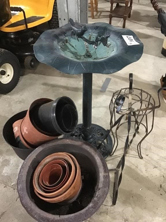 Lot 107: BIRD BATH, POTS, RACKS
