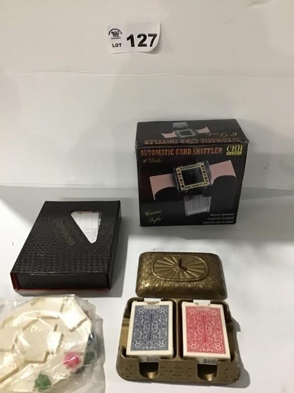 Lot 127: PLAYING CARDS, SHUFFLER,  DOMINOS