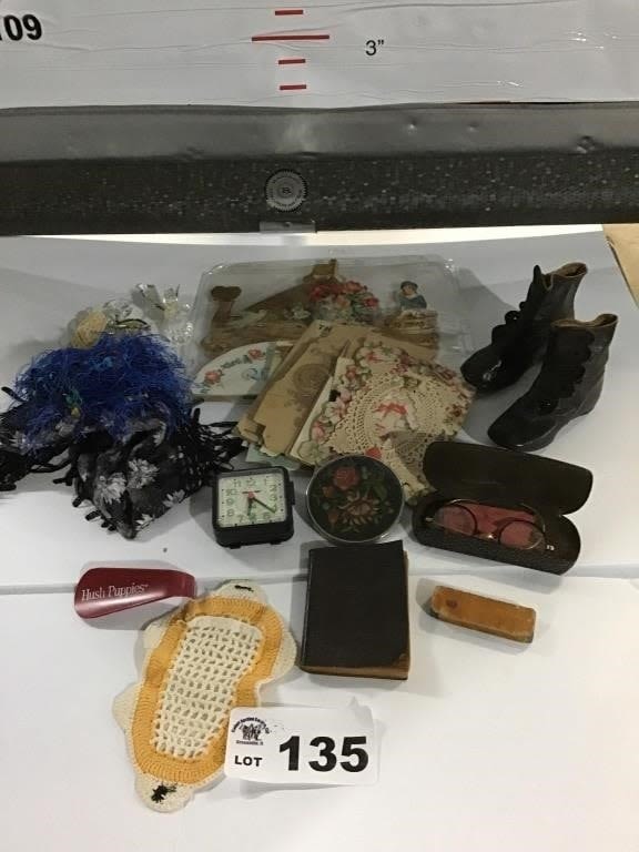 Lot 135: VINTAGE VALENTINES, BABY SHOES, GLASSES, MISC