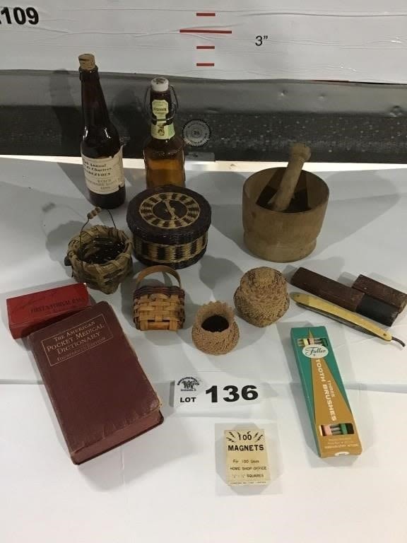 Lot 136: VINTAGE BASKETS,NSRAIGHT RAZOR, BOTTLES, BOOKS,