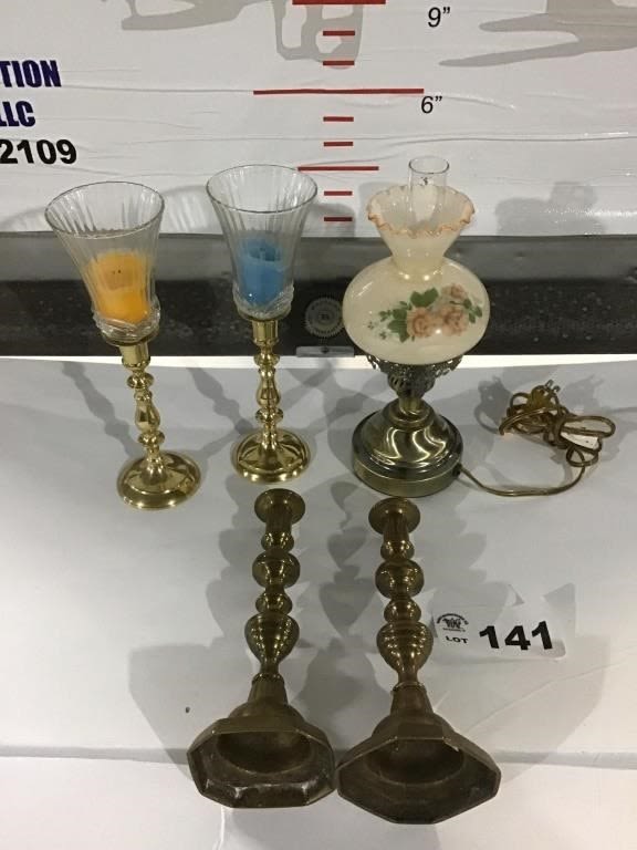 Lot 141: BRASS CANDLESTICKS, LAMP