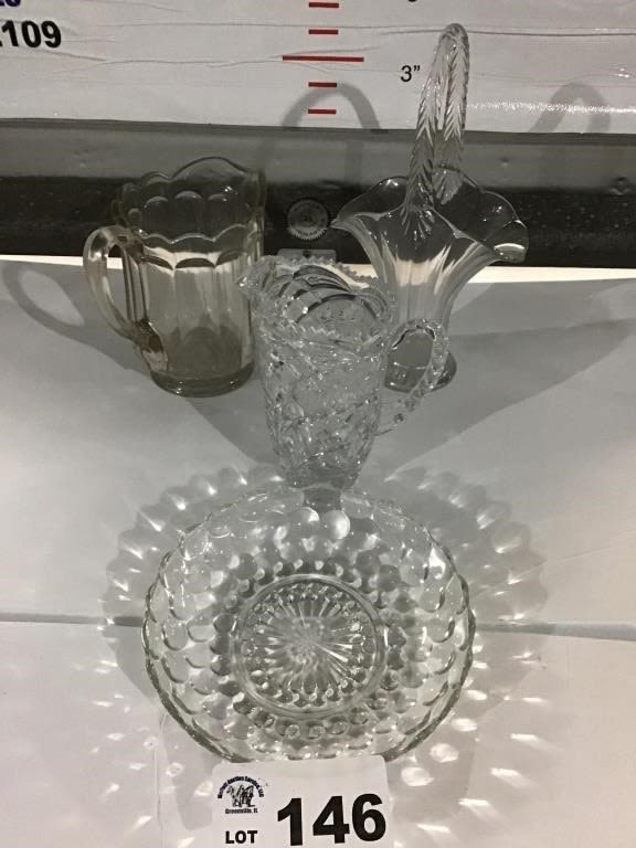 Lot 146: CRYSTAL VASE, PITCHER, BASKET