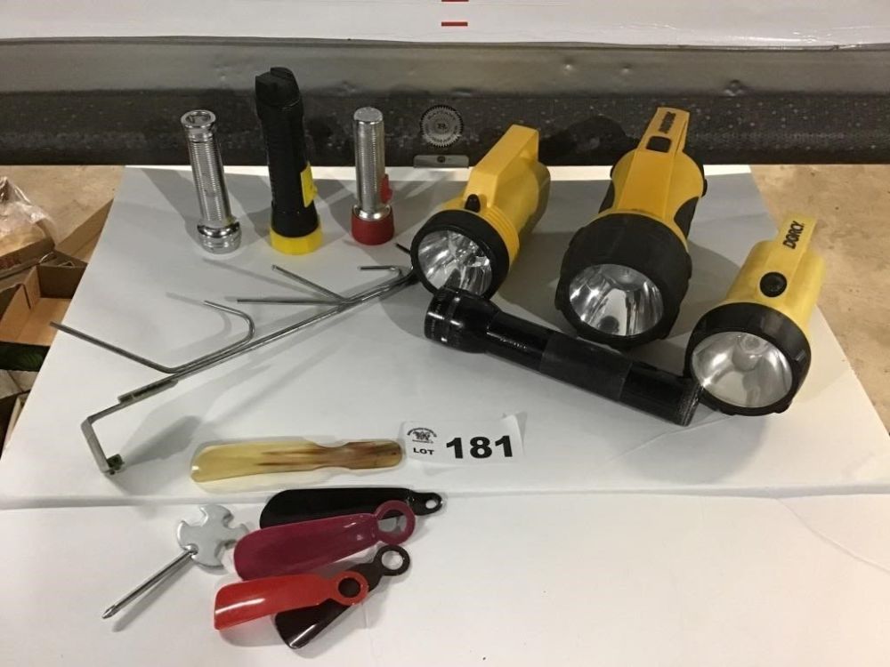 Lot 181: ASSORTED FLASHLIGHTS, SHOE HORNS