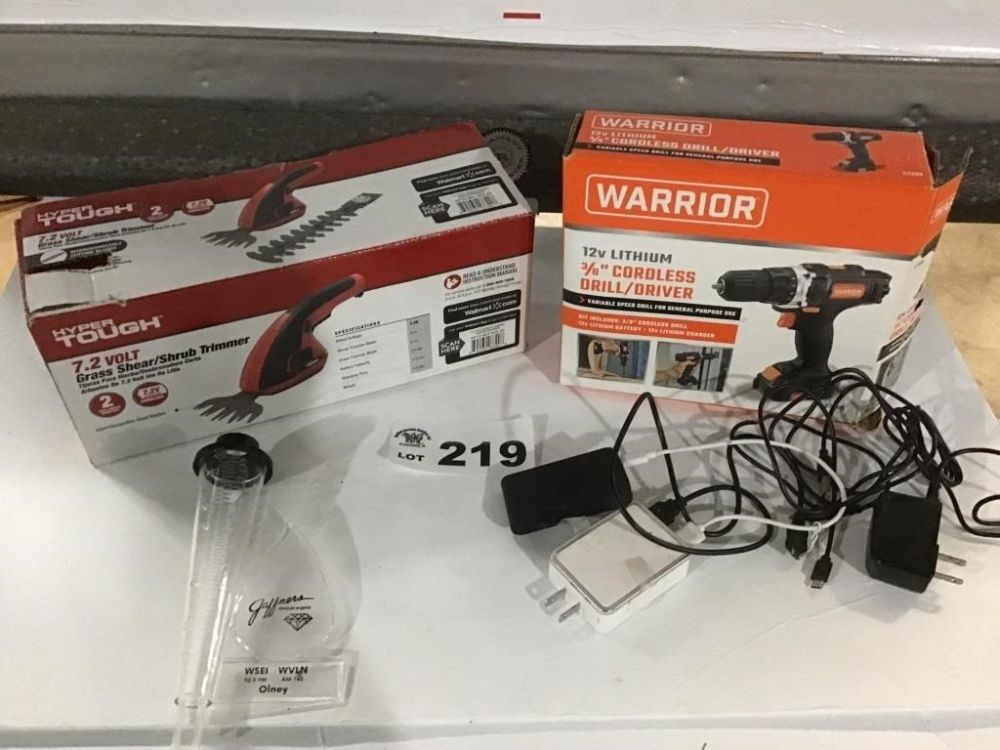 Lot 219: CORDLESS DRILL, GRASS SHEARS, CHARGERS, RAIN