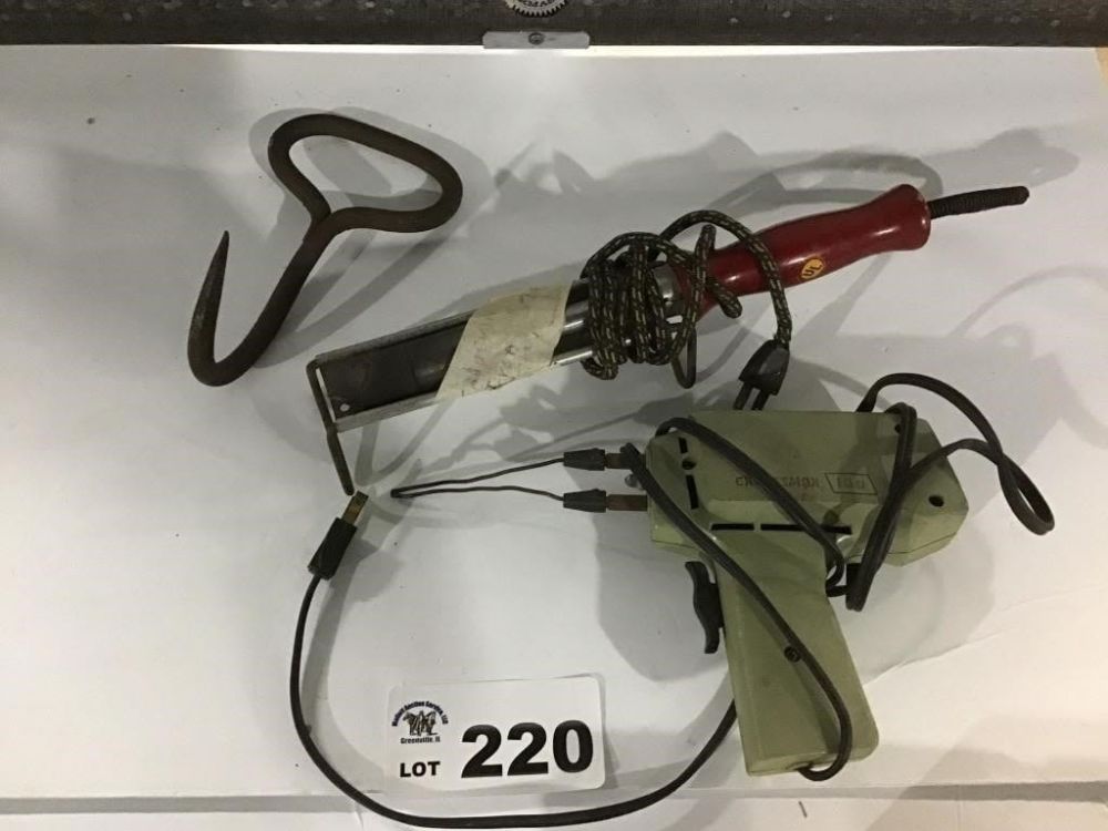 Lot 220: SOLDERING IRONS, MEAT HOOK