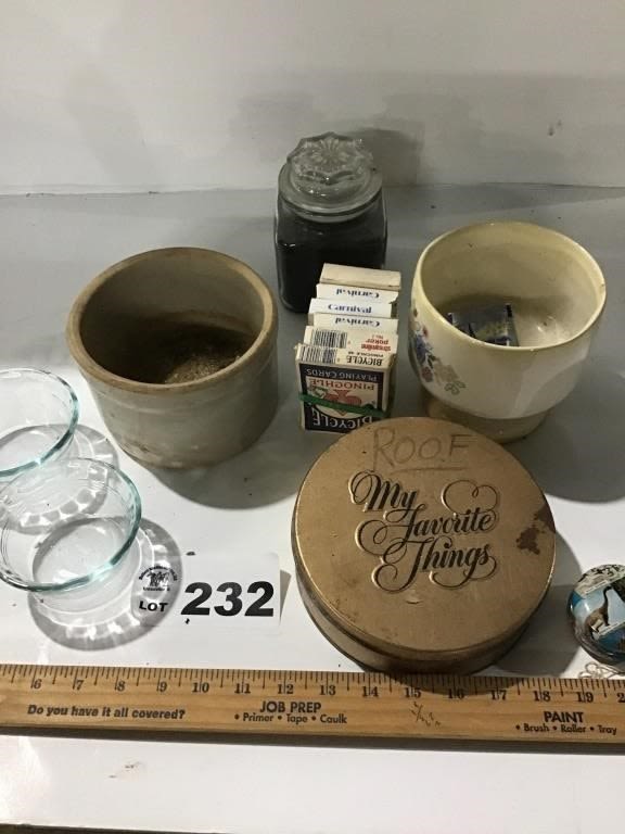 Lot 232: PLAYING CARDS, YO-YO, CROCK