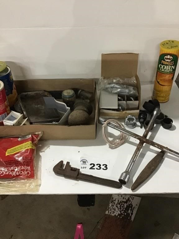 Lot 233: HOLE SAWS, TIE DOWNS, NAILS, LUG WRENCH