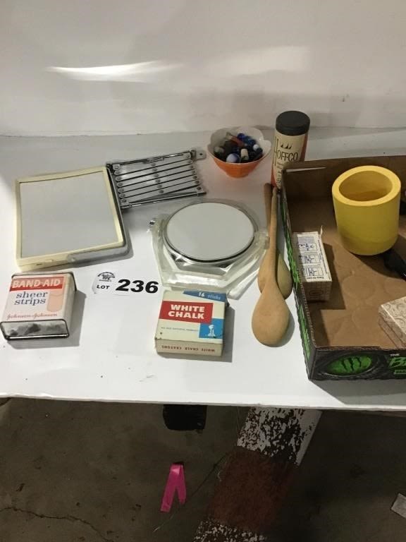 Lot 236: MIRRORS, MARBLES, WOODEN SPOONS