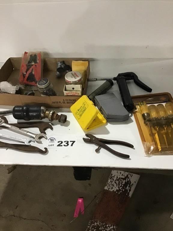 Lot 237: GREASE GUN, CHISELS, WRENCHES TRAILER BALL