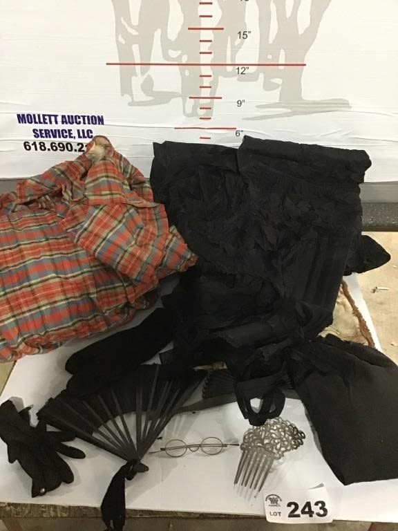 Lot 243: ANTIQUE PLAID DRESS, BONNETS, GLOVES, GLASSES,