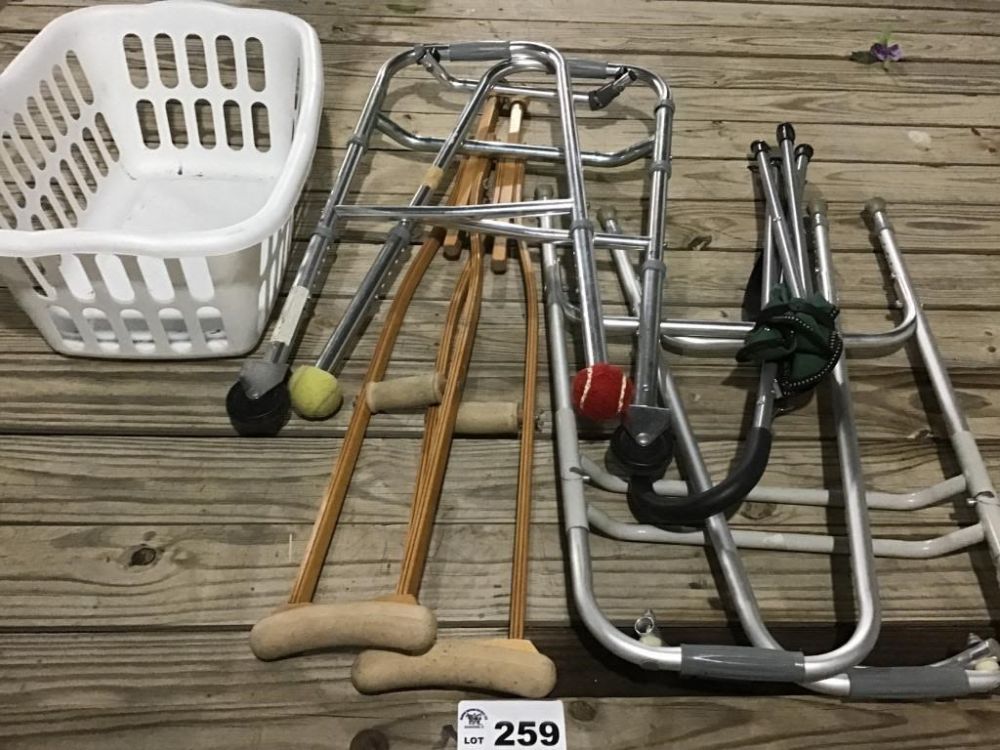 Lot 259: WALKERS, CRUTCHES, BASKET, STOOL