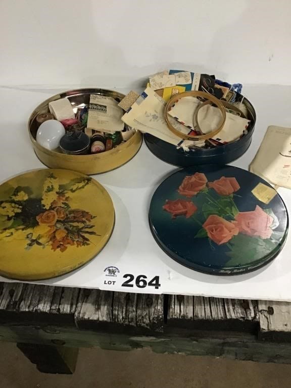Lot 264: OLD TINS WITH SEWING ITEMS