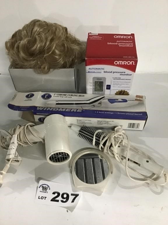 Lot 297: WIG, 2 CURLING IRONS, BLOW DRYER, BLOOD MONITER
