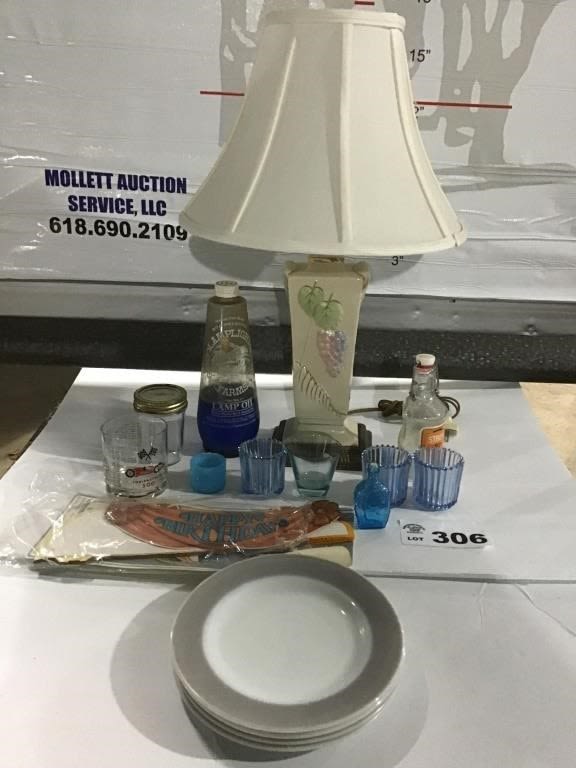 Lot 306: LAMP, VOTIVES, PLATES, BOTTLES