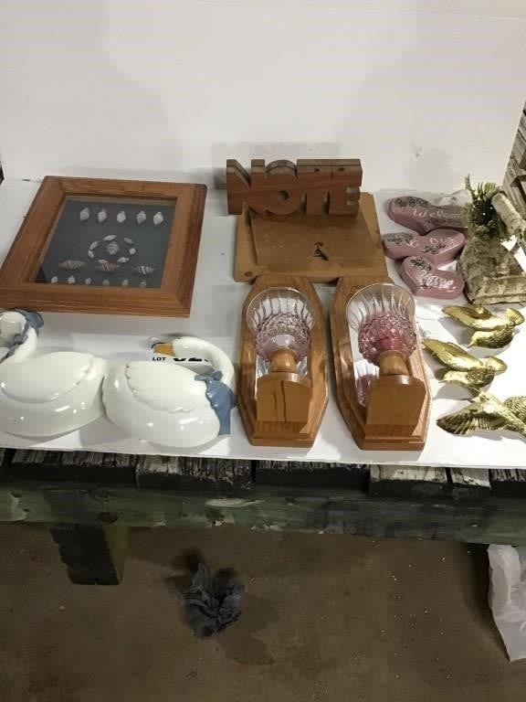 Lot 329: SEA SHELLS, CANDLE HOLDERS, SAD IRON DECOR