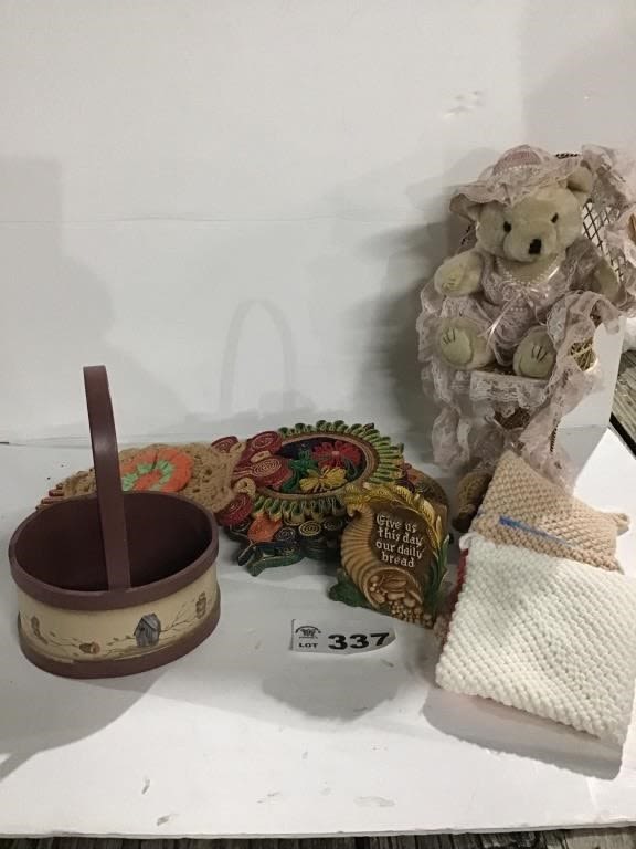 Lot 337: POT HOLDERS, BEAR ON WICKER CHAIR, BASKET