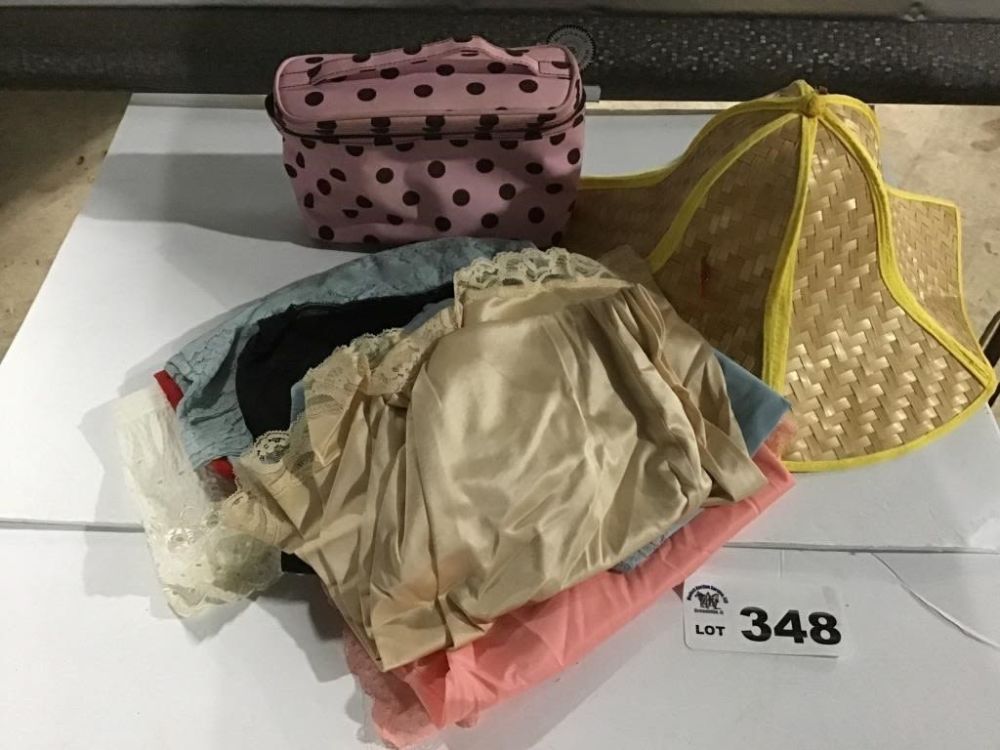Lot 348: VINTAGE SLIPS, HAT, CASE
