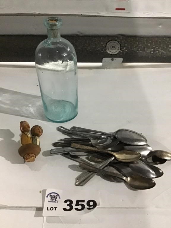Lot 359: SPOONS, BOTTLE, CORK STOPPER