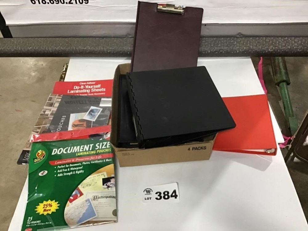 Lot 384: BINDERS, CLIPBOARDS, LAMINATING SHEETS