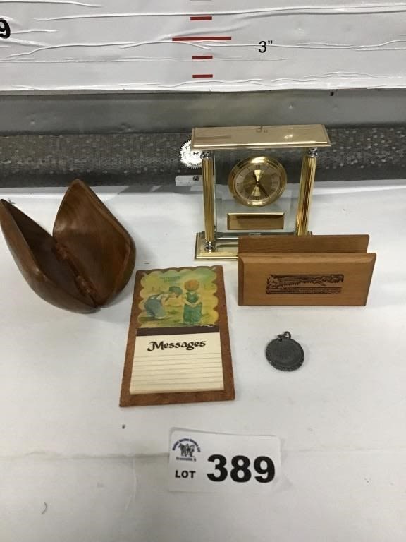 Lot 389: DANBURY CLOCK, MESSAGE BOARD, WOOD BOX, COIN FROM