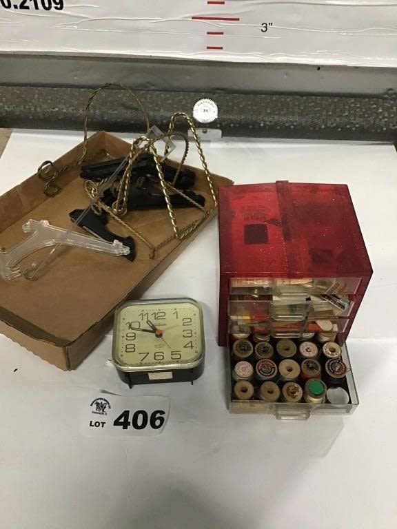 Lot 406: ALARM CLOCK, SEWING ORGANIZER, EASEL