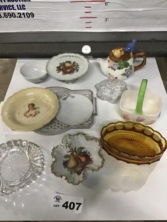 Lot 407: EASTER BASKET, COIN GLASS BOWL, DISHES, TEAPOT