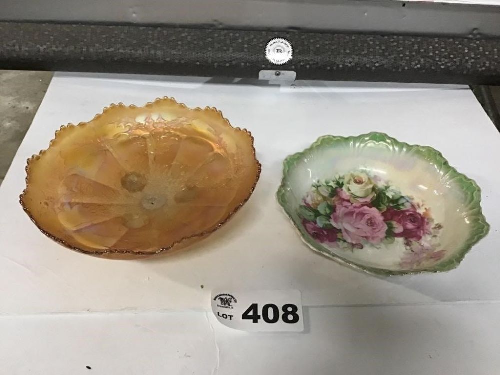 Lot 408: CARNIVAL GLASS FOOTED BOWL, HANDPAINTED PORCELAIN