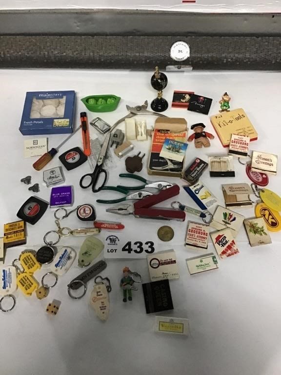 Lot 433: TAPE MEASURES, SCISSORS, PLIERS, MATCHES, MISC