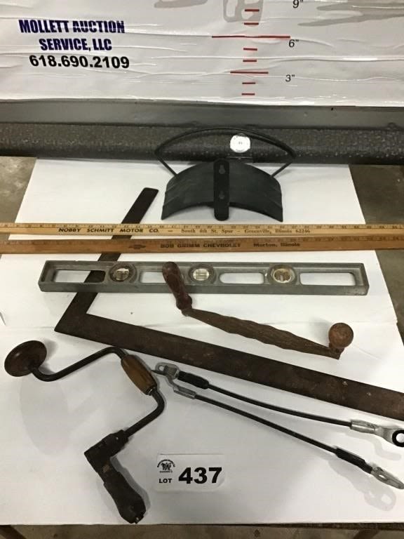 Lot 437: HOSE HANGER, SQUARE, YARD STICKS, DRILL, RASP