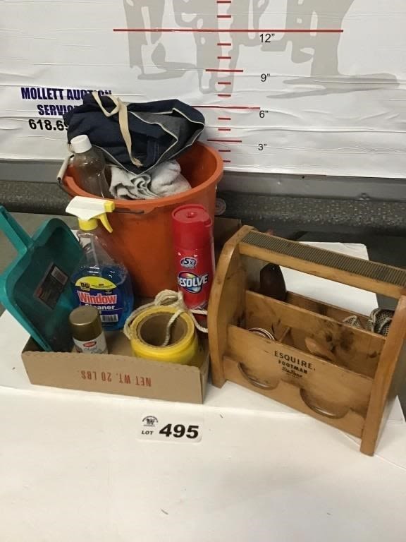 Lot 495: SHOE SHINE BOX, BUCKET OF CLEANERS