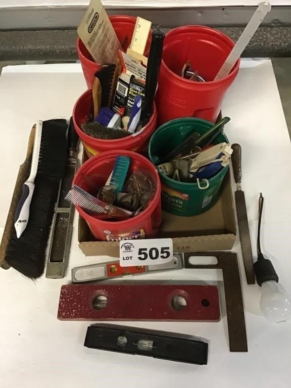Lot 505: LEVEL, BRUSHES, RASP, SQUARE, MISC TOOLS