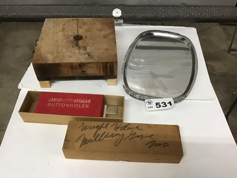 Lot 531: BUTCHER BLOCK, TRAY, BUTTON HOLER